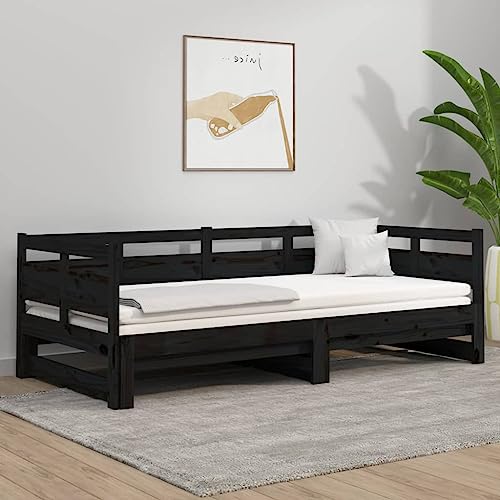 KOIECETA Tagesbett Ausziehbar Massivholz Kiefer Schlafsofa Bettsofa Gästebett für Schlafzimmer Wohnzimmer Sofa Bett Ausziehbett (Schwarz, 90 x 200 cm) von KOIECETA