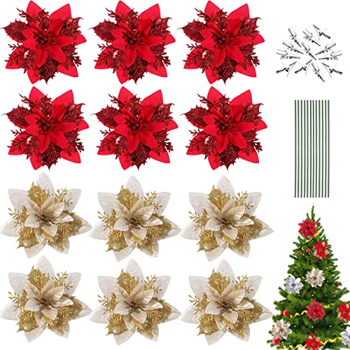 12 Stück Weihnachten Funkeln Weihnachtsstern Blumen, Glitzer Deko Weihnachtsblumen mit Clips + Vorbauten, Glitzer Weihnachtsblume Hochzeit Weihnachtsbaum Weihnachtstürkranz (Gold+Rot) von KOIROI