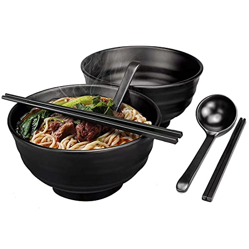 2 Sets (6-teilig) Suppenschalen, Japanische Ramen Schüssel Set, Kommt Mit Stäbchen Und Löffel Suppenschalen, Dishwasher Safe, Multifunktional Müslischale für Pasta Obst Nudel Salat, Schwarz von KOIROI