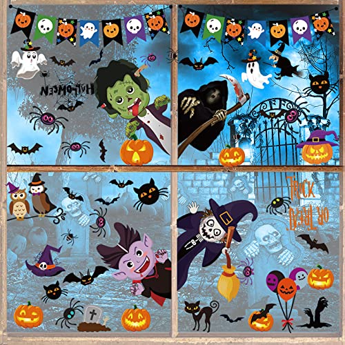 Halloween Fensterbilder, 55 Stück Halloween Fenster Sticker, Doppelseitiges Fensterbilder mit Kürbis, Fledermaus, Spinne, Kinder Halloween Deko Fensterdeko für Halloween Party von KOIROI