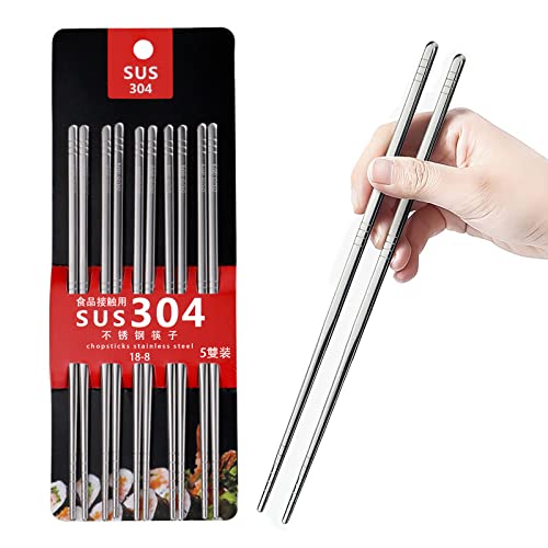 5 Paar Essstäbchen, Essstäbchen Metallischer, Platz Edelstahl Stainless Chopsticks, Spülmaschinenfest Waschbar, Wiederverwendbar Stäbchen von KOIROI