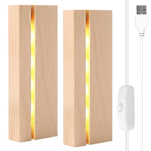 2 Stück LED-Sockel aus Holz, rechteckige Beleuchtungsbasis mit USB-Schalter für Kristall und Acrylplatte mit 3 mm Dicke von KOIROI