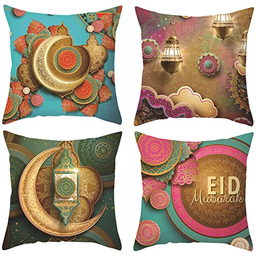 KOIROI 4 Stück Ramadan Dekokissenbezüge, Ramadan Wurfkissenbezüge Set, Stern Mond Kissenbezüge Kissenbezug für Eid Mubarak Dekoratio, Couch Sofa Schlafzimmer Wohnzimmer Auto(45 x 45 cm) von KOIROI