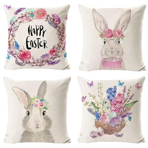 KOIROI 4 Stück Ostern Kissenbezug, 45 x 45 cm Osterdeko Leinen Kissenhülle, Osterhase Kissenhülle, Frühling Urlaub Kissenbezug Dekoration für Ostern Haus Dekoration Party Supplies von KOIROI