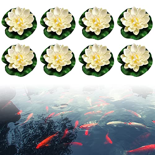 Schwimmende Blumen, 8 Stück Künstliche Seerosen, Schwimmende Seerose Klein, Künstliche Blumen White Lotus Simulation Schwimm Teich Lotus für Aquarium Terrasse Garten Pool Garten Teich von KOIROI