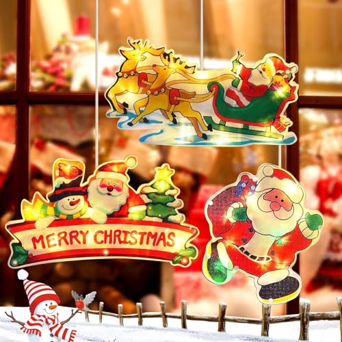 Weihnachtsdeko Fenster, 3er LED Fensterdeko Weihnachten mit Saugnapf, Weihnachtsdeko mit Saugnapf, Weihnachtsmann, Schneemann, Weihnachtsdeko Aussen, Fensterdeko Weihnachten für Weihnachten Deko von KOIROI