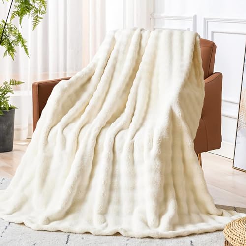 KOIUEYW Weiß Kuscheldecke, Warme Kuschelige Sofadecke Kuschelig Couch Decke Wohndecken, Flauschige Blanket Streifen Design Kuschelige Decke für Sofa Wolldecken für Couch, 200 x 230 cm von KOIUEYW