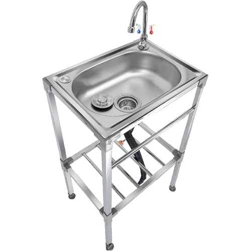 42x37x83cm Mobile Spüle Edelstahl Spültisch mit Wasserhahn | Spülbecken mit Entwässerungszubehör Ausgussbecken Freistehende Edelstahlspüle Waschtisch Gewerbliche für Waschküche/Garage/Hinterhof von KOKANIGODVA