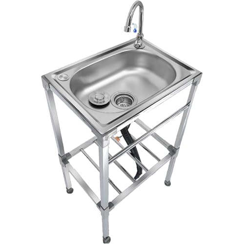 Freistehende Spüle Einzelbecken Edelstahl Ausgussbecken Mobile Waschtisch Gewerbliche Spülbecken Küchenspüle mit 360° Drehbare Wasserhahn für Außen Garten/Waschküche/Garage/Hinterhof von KOKANIGODVA