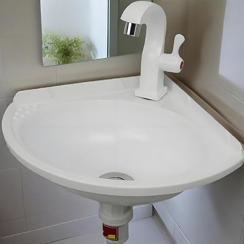 KOKANIGODVA Mini- Waschbecken Waschtisch Badezimmer, Kunststoff Waschbecken Ecke,spültisch wandmontage Ohne Bohren Mit Wasserhahn und Ablaufgarnitur, für Gäste-WC & Bad,Garderobe von KOKANIGODVA