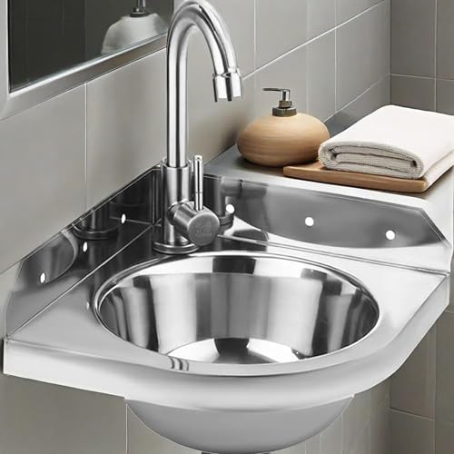 Waschbecken Waschtisch Badezimmer Eckwaschbecken Edelstahl,Mini Waschbecken, Aufsatzwaschbecken 26x26x16cm Spültisch Wandmontage mit Warm- und Kalt wasserhahn und Ablaufgarnitur von KOKANIGODVA