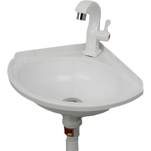 Waschbecken Weiß Handwaschbecken Kunststoff Waschtisch Bad Waschplatz Mit Wasserhahn und Ablaufgarnitur kleines Handwaschbecken für Gäste-WC & Bad, Elegantes Mini-Waschbecken von KOKANIGODVA