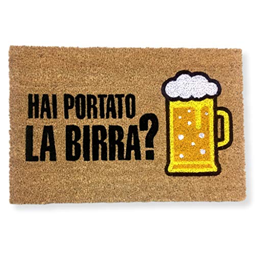 KOKO DOORMATS Fussmatte aussen - Türmatte außen kokosmatte mit antirutsch PVC - Fußmatte lustig Bier - HAI PORTATO LA Birra? Design - Outdoor Doormat - Größe: 60 x 40 x 1.5 cm. von KOKO DOORMATS