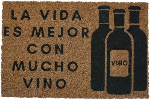 KOKO DOORMATS Fußmatte lustig für hauseingang | Fussmatten haustür für draußen | Türmatte aus Natürlichen Kokosfasern mit Strapazierfähiger PVC-Basis | La Vida es Mejor Con Mucho Vino | 60x40x1.5 cm von KOKO DOORMATS