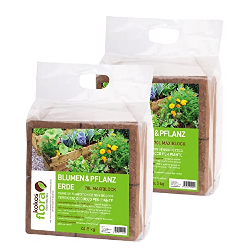 KOKOSFLORA Kokoserde – 140L Maxiblock – Blumenerde- Torffrei - Ideal Für Drinnen Und Draussen. Geeignet Für Kübelpflanzen, Zimmerpflanzen, Balkonkästen Und Gartenbeete (2 x 5 Kg - 140 L Kokoserde) von KOKOSFLORA