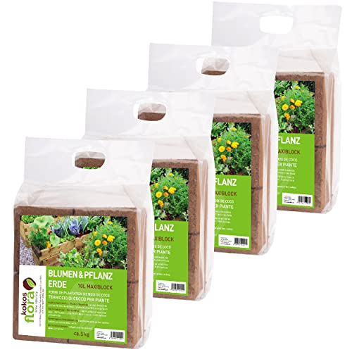 KOKOSFLORA Kokoserde – 280L Maxiblock – Blumenerde- Torffrei - Ideal Für Drinnen Und Draussen. Geeignet Für Kübelpflanzen, Zimmerpflanzen, Balkonkästen Und Gartenbeete (4 x 5 Kg - 280 L Kokoserde) von KOKOSFLORA