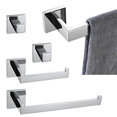 KOKOSIRI 5-teiliges Badezimmer-Hardware-Set, glänzende Edelstahl-Handtuchstangen + Toilettenpapierhalter + Bademantelhaken, Wandhalterung, poliertes Finish, B05A5-CH von KOKOSIRI