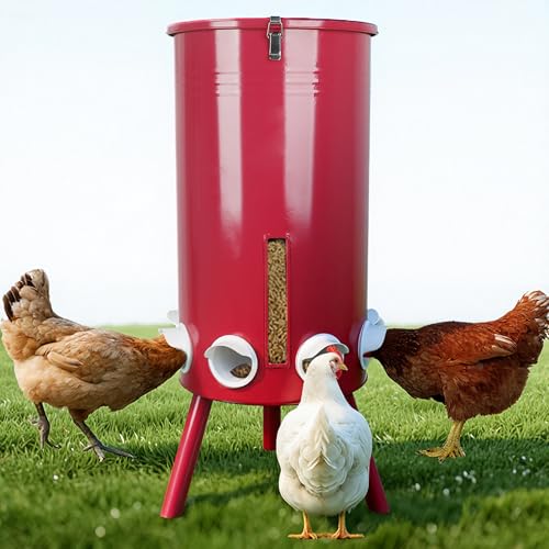 KOL 29,5 kg großer freistehender Hühner-Futterspender Tragbarer Schwerkraft-Hühner-Futterspender Automatischer Spender, 16 Futteröffnungen Geflügel-Futterstation für Huhn Hahn & Henne (Rot) von KOL