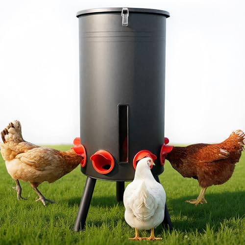 KOL 29,5 kg großer freistehender Hühner-Futterspender Tragbarer Schwerkraft-Hühner-Futterspender Automatischer Spender, 16 Futteröffnungen Geflügel-Futterstation für Huhn Hahn & Henne (Schwarz) von KOL