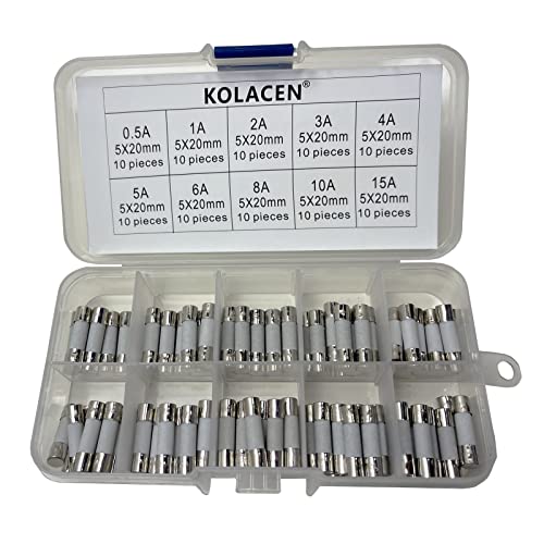 KOLACEN Quick Fast-Blow Keramik Tube Sicherung 5 x 20 mm Sortiert Kit 0,5 Amp 1 Amp 2 Amp 3 Amp 4 5 6 Amp 8 Amp 10 Amp 15 Amp (100 Stück) von KOLACEN