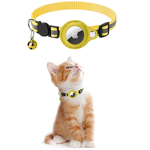 KOLACEN Reflektierendes AirTag Katzenhalsband, Airtag mit Airtag Hülle und Glocke, Einstellbares Airtag Katzenhalsband mit abbrechbarer Sicherheitsschnalle für Welpen Katzen Kätzchen (Gelb) von KOLACEN