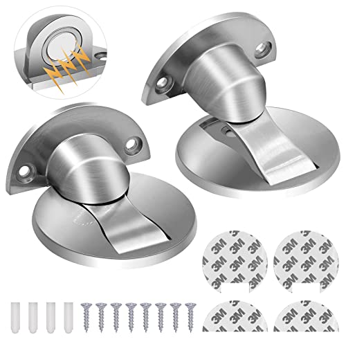 Magnetischer Türstopper, 2er-Pack Edelstahl-Bodenmagnet-Türstopper, selbstklebend, aus gebürstetem Nickel, unsichtbar, strapazierfähig, silberfarben, magnetischer Türhalter, kein Bohren von KOLAKO