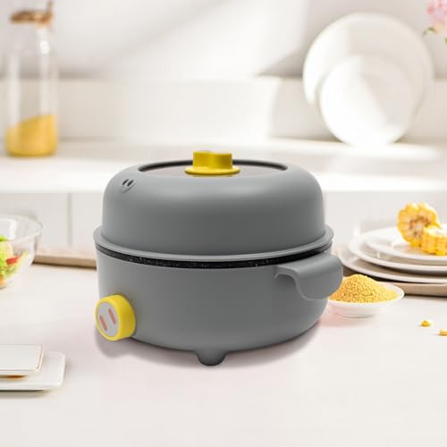 Elektrischer Hot Pot, Mini Elektrischer Kochtopf Dampfkocher Rund Tragbare 2.2L Antihaft Elektro Bratpfanne mit Dampfgarer & Deckel Multi-Kocher für Haushalte, Büros, Ausflüge (Graugelb) von KOLHGNSE