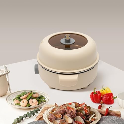 Elektrischer Hot Pot, Mini Elektrischer Kochtopf Dampfkocher Rund Tragbare 2.2L Antihaft Elektro Bratpfanne mit Dampfgarer & Deckel Multi-Kocher für Haushalte, Büros, Ausflüge (Khaki) von KOLHGNSE