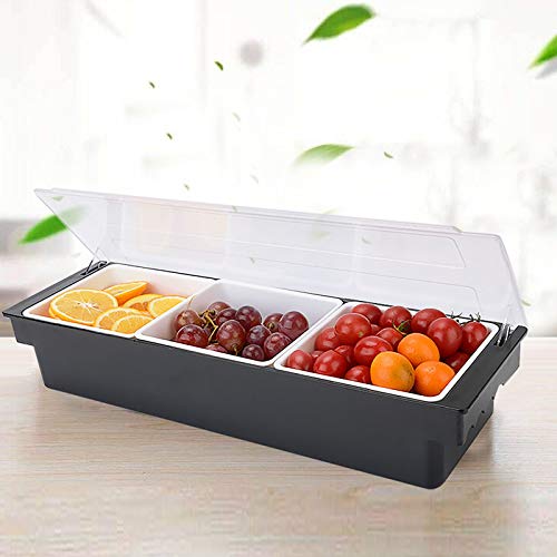 KOLHGNSE 3/4/5 Fächer Bar Zutatenbehälter, Gewürzspender Garnieren Kunststoff Obst Caddy Tablett Home Veggie Box mit Deckel für Restaurant Buffet und Bar (3 Fächer) von KOLHGNSE
