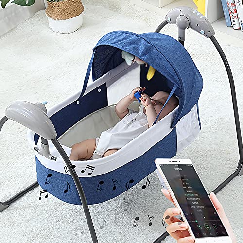 KOLHGNSE Babyschaukel Elektrisch, Babywippe 3-Speed Babybett Babywiege Stubenwagen Reisebett mit Bluetooth Musik & Timer für Babys 0-12 Monate (Blau) von KOLHGNSE