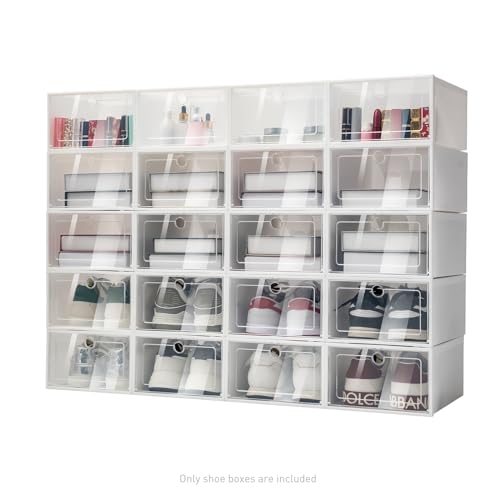 Schuhboxen Stapelbar, 20/24 Stück Flip Schuhkarton Set Stapel Lagerung Kunststoff Klar Home Schuhorganizer Aufbewahrungsbox Faltbar für Wohnzimmer, Schlafzimmer, Arbeitszimmer, Schränke (20 Stück) von KOLHGNSE