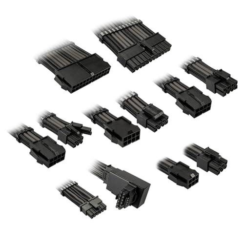 KOLINK Core 12V-2x6 Verlängerungskabel-Set, enthält 12V-2x6 Adapter Typ 1, 8 Kabel, 12VHPWR abwärtskompatibel, bis zu 600W Leistung, PET-Geflecht, 16AWG, Jet Black + Gunmetal Grey von KOLINK