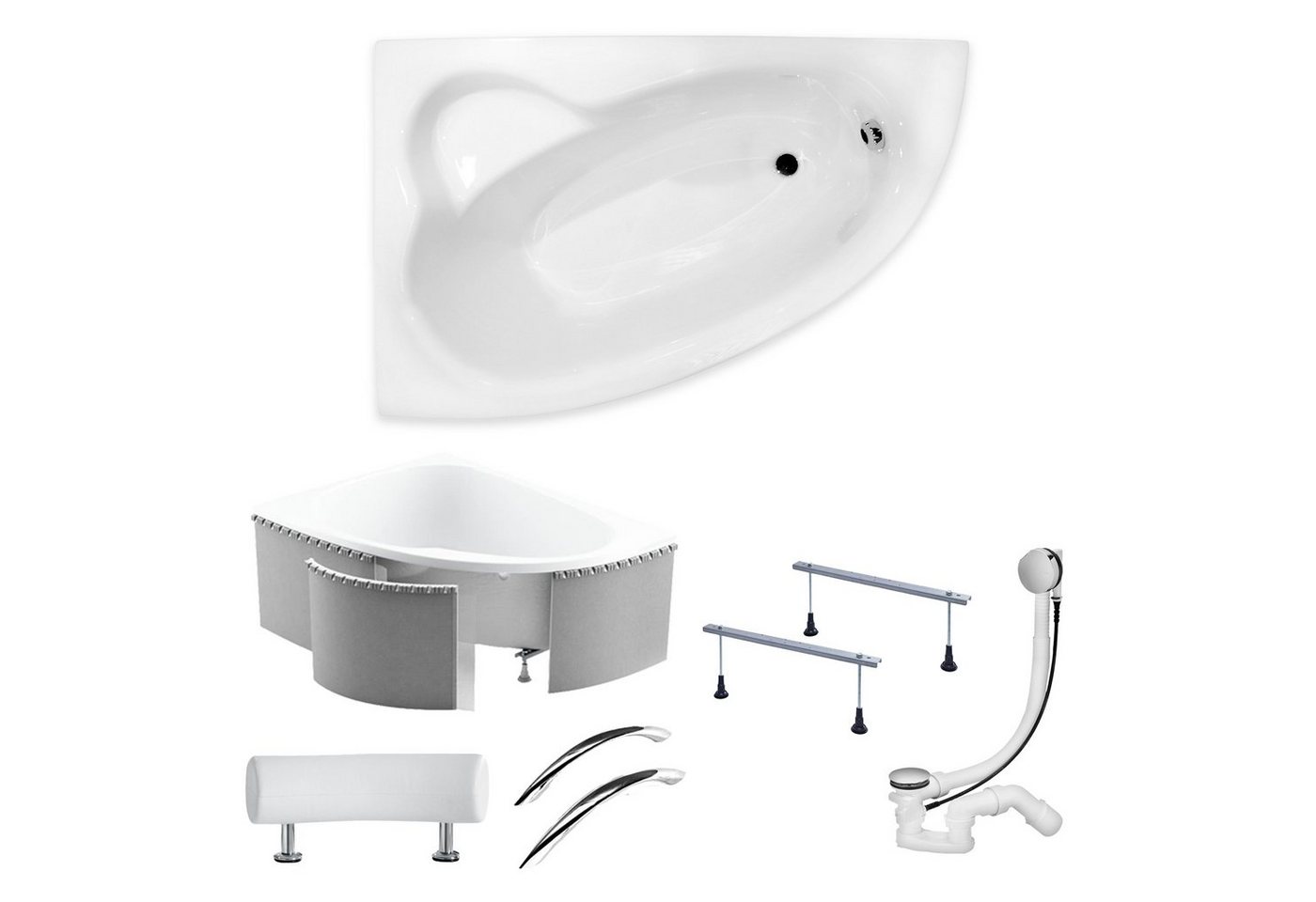 KOLMAN Badewanne Eckbadewanne Natalia Premium 150x100, (Kopfstütze Handgriffen Links/Rechts), Acrylschürze Styroporträger, Ablauf VIEGA & Füße GRATIS von KOLMAN