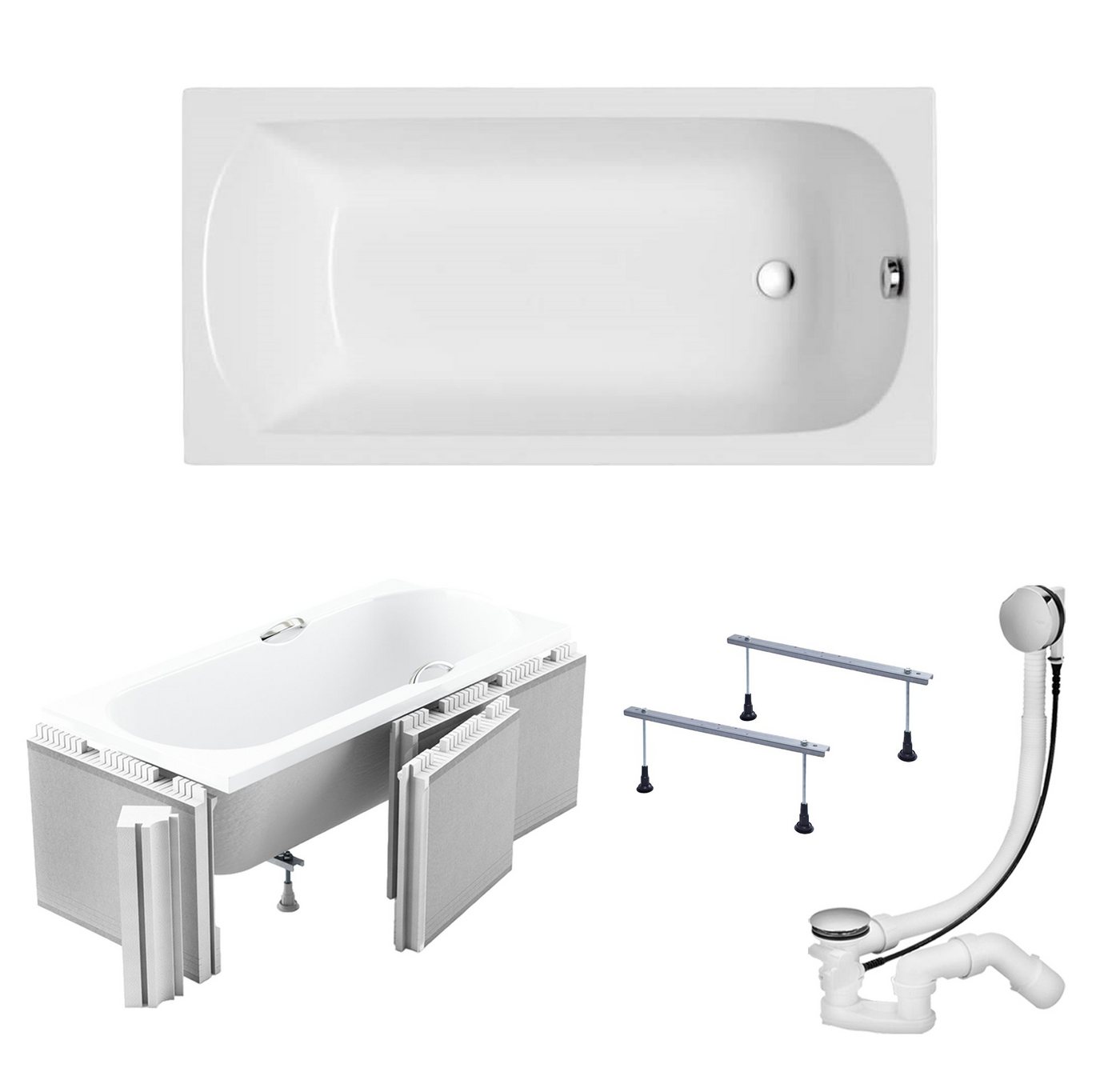 KOLMAN Badewanne Rechteck Classic Slim 130x70, Wannenträger Styropor, Ablauf VIEGA & Füße GRATIS von KOLMAN