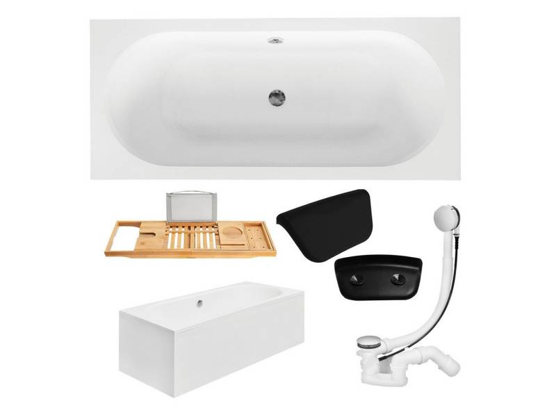 KOLMAN Badewanne Rechteck VITAE 150x75 mit AcrylSchürze + Bambus Ablage + Kopfstütze von KOLMAN