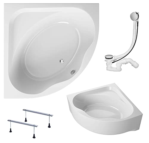 KOLMAN Badewanne STANDARD Eckbadewanne 150x150 mit AcrylSchürze, Ablaufgarnitur und Füßen Komplettset 4in1 Premium Original Acryl Wanne Siphon von KOLMAN