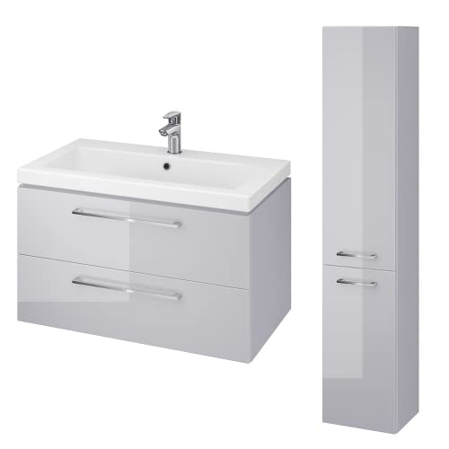 KOLMAN Badezimmer Badmöbel Set Lara Como Waschtischunterschrank Keramik & Hochhängeschrank 150 cm (Grau, 80) von KOLMAN