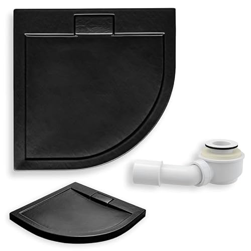 KOLMAN Duschwanne 90x90 cm Viertelkreis, Schwarz, Acryl, Flach, Steinoptik, Ablaufgarnitur Ø 90 mm, Design-Duschtasse Halbrund Axim Slim von KOLMAN