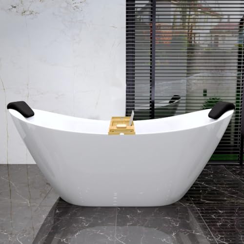 KOLMAN Freistehende Badewanne 180x80 cm IVAR, Ablaufgarnitur VIEGA Click-Clack Gratis, Weiß, Exclusive, Modern + 2x Schwarz Badewannenkissen + Bambus Badewannenablage von KOLMAN