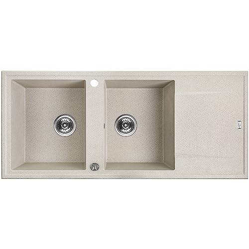 KOLMAN Granitspüle 50x116 Megalo Spülbecken Doppelbecken mit langer Abtropffläche, Space Saving Siphon (Beige) von KOLMAN