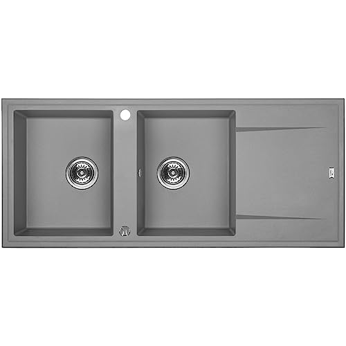 KOLMAN Granitspüle 50x116 Megalo Spülbecken Doppelbecken mit langer Abtropffläche, Space Saving Siphon (Grau) von KOLMAN