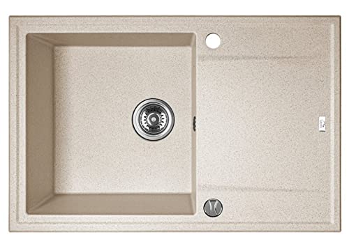 KOLMAN Granitspüle 50x78 cm Megalo Spülbecken Einzelbecken Beige mit langer Abtropffläche | platzsparender Siphon Gratis von KOLMAN