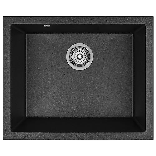 KOLMAN Granitspüle 56x46 Ibiza Spülbecken Einzelbecken mit Space Saving Siphon (Schwarz) von KOLMAN