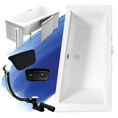 KOLMAN KOMPLETTSET 5in1 Acryl Weiß Wanne Badewanne Eckwanne 150x85 cm INTIMA Rechts + Styroporverkleidung + Badkissen KODI in Schwarz, Premium Ablaufgarnitur VIEGA in Chrom + Wannenfüße von KOLMAN