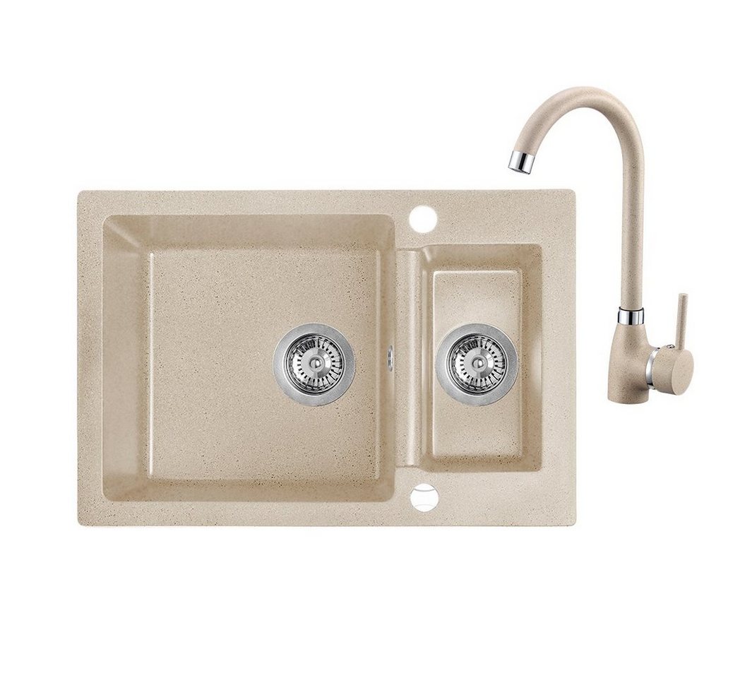 KOLMAN Küchenspüle Celia Set Doppelbecken Granitspüle und Spültischarmatur, Rechteckig, 44/65 cm, Beige von KOLMAN