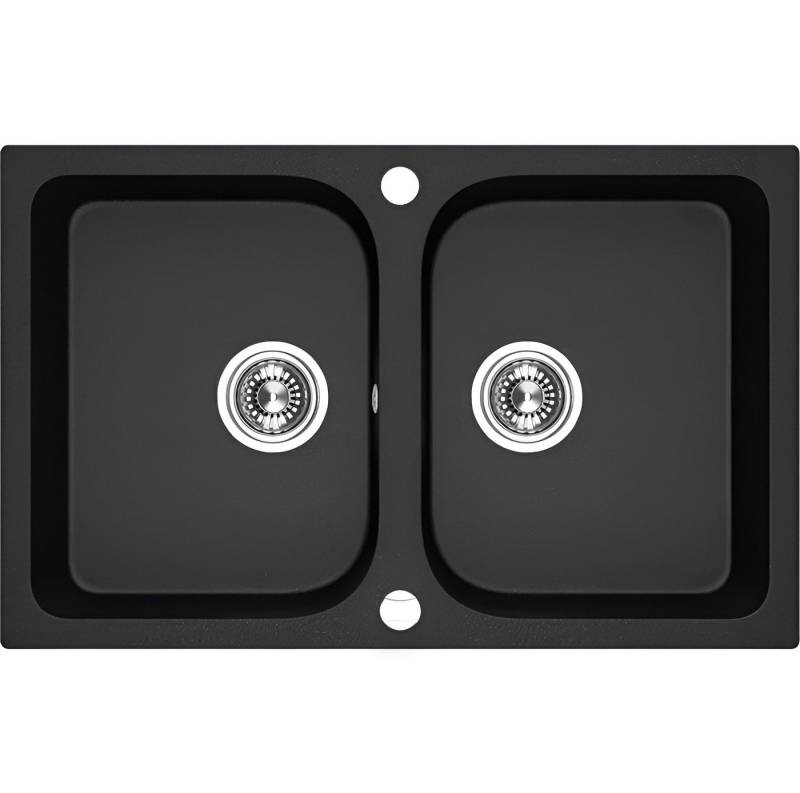 KOLMAN Küchenspüle Doppelbecken Celia Granitspüle, Rechteckig, 48/76 cm, Schwarz, Space Saving Siphon GRATIS von KOLMAN