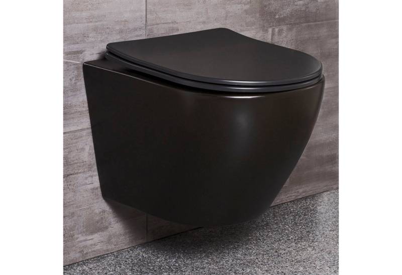 KOLMAN Tiefspül-WC Spülrandlos Wand-WC Delos, Schwarz, mit Slim Soft-close WC-Sitz und Schallschutzmatte von KOLMAN