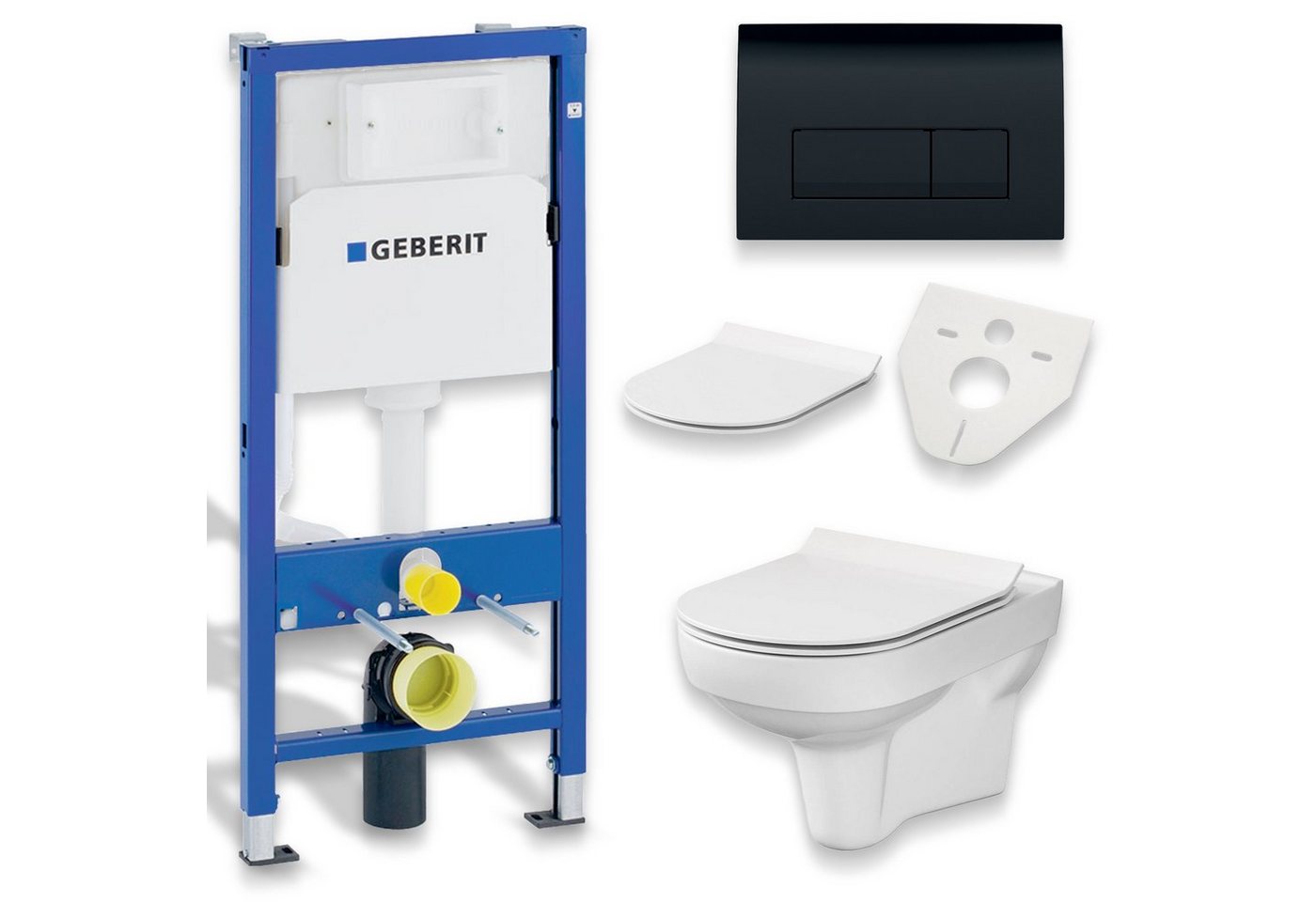 KOLMAN Vorwandelement WC SET: Wand-WC City CleanOn + Geberit Duofix Basic + Delta50 Schwarz, inkl. Slim WC-Sitz mit Soft-close und Schallschutzmatte von KOLMAN