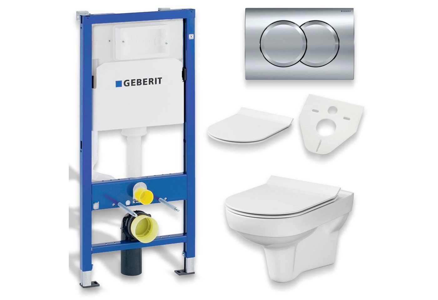 KOLMAN Vorwandelement WC SET: Wand-WC City CleanOn Weiß + Geberit Duofix Basic + Delta01 Chrom, inkl. Slim WC-Sitz mit Soft-close und Schallschutzmatte von KOLMAN