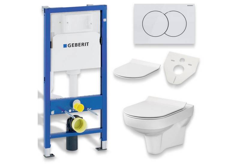 KOLMAN Vorwandelement WC SET: Wand-WC City CleanOn Weiß + Geberit Duofix Basic + Delta01 Weiß, inkl. Slim WC-Sitz mit Soft-close und Schallschutzmatte von KOLMAN
